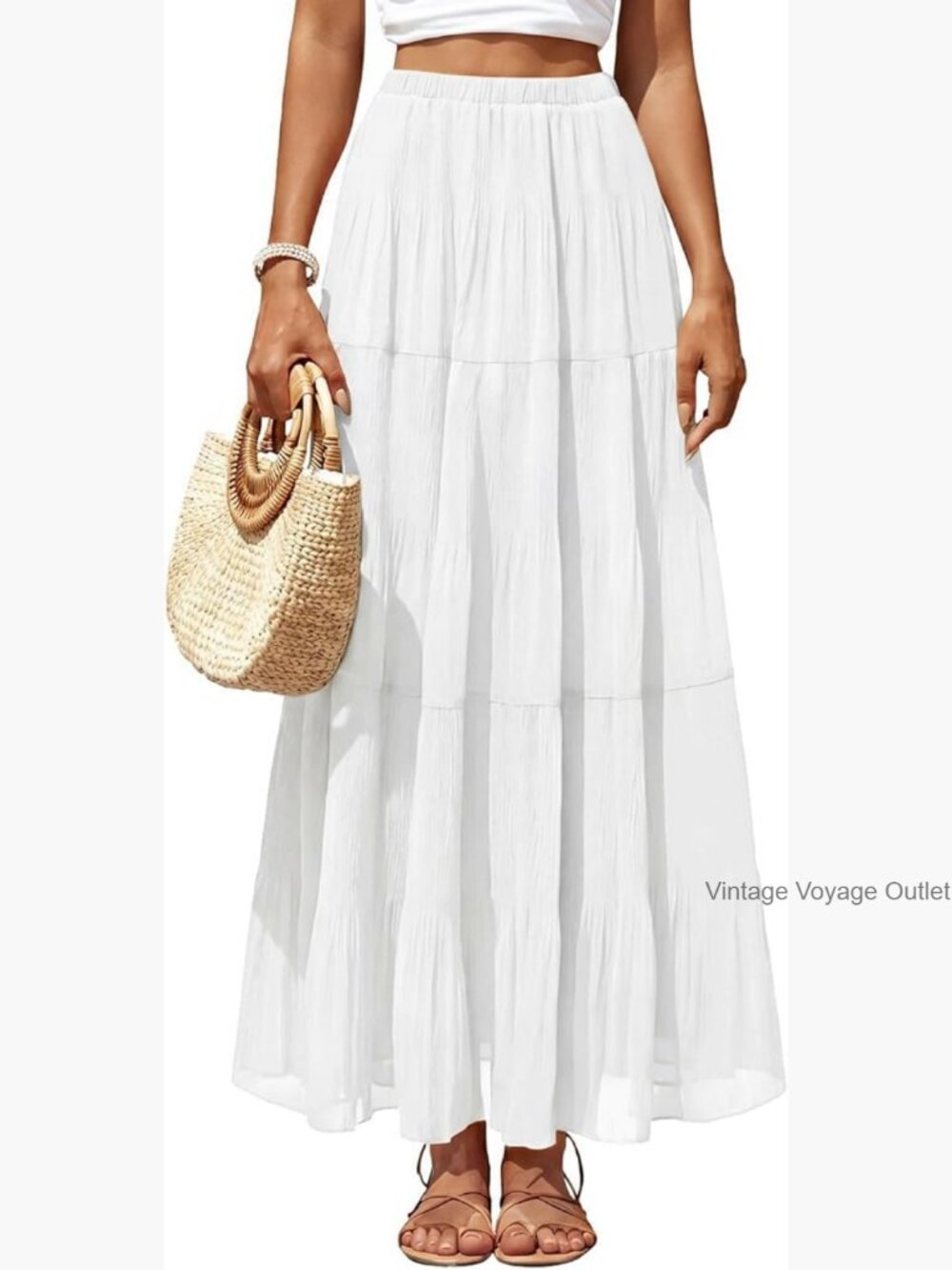Chiffon Pleated Maxi Skirt High Waisted Elastic Boho A-Line Flowy